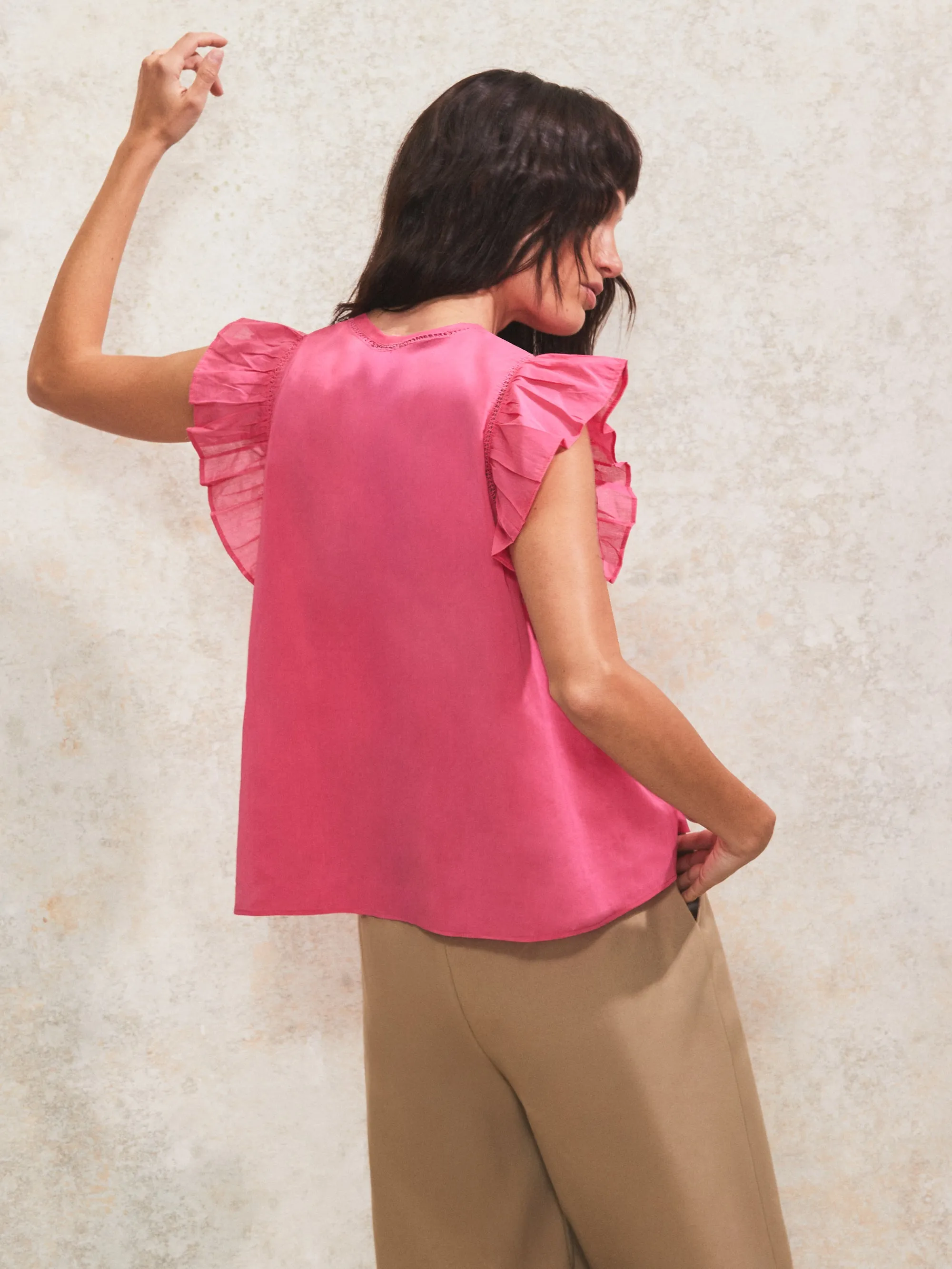 Pink Frill-Sleeve V-Neck Cotton Top