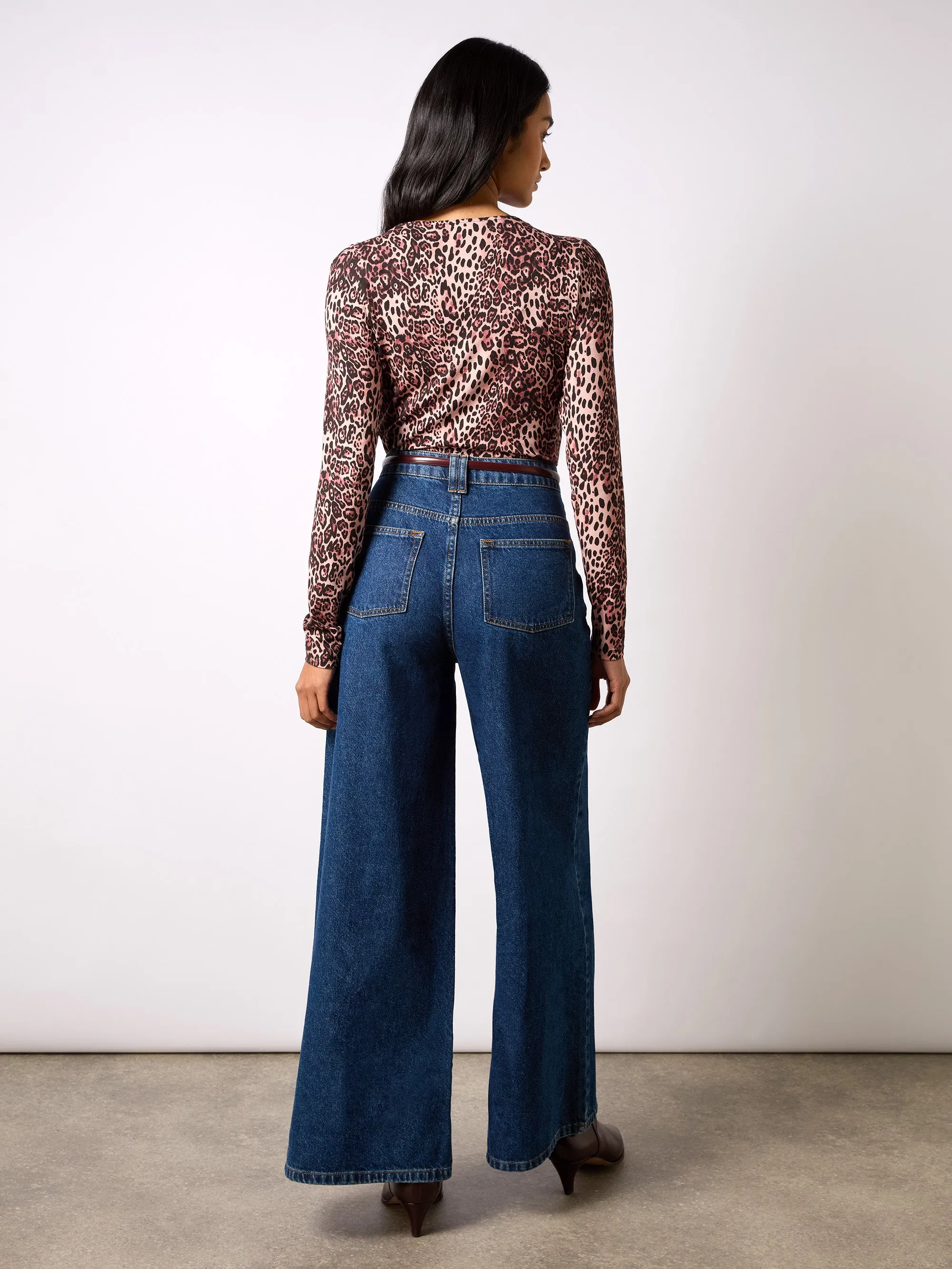 Pink Leopard Print Jersey Drape Front Top