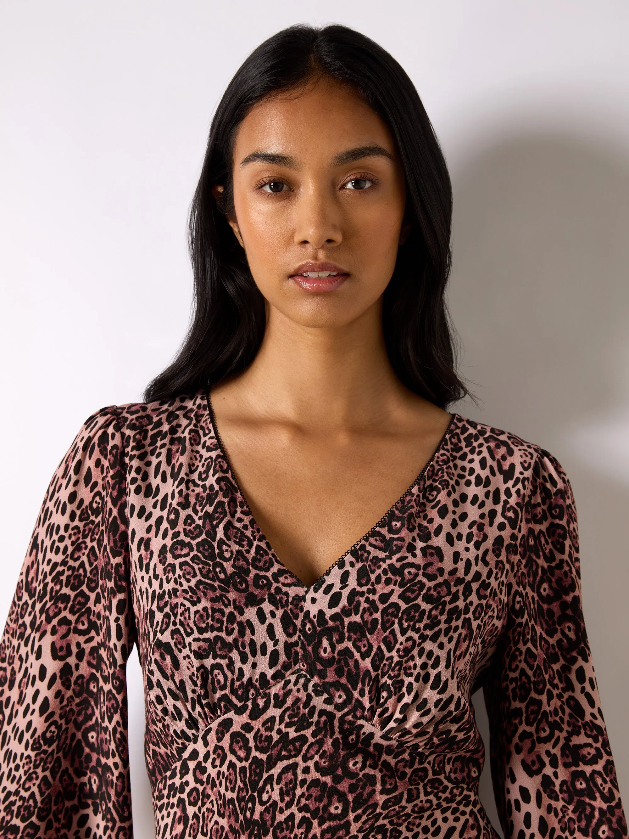 Pink Leopard Print V-Neck Midi Dress