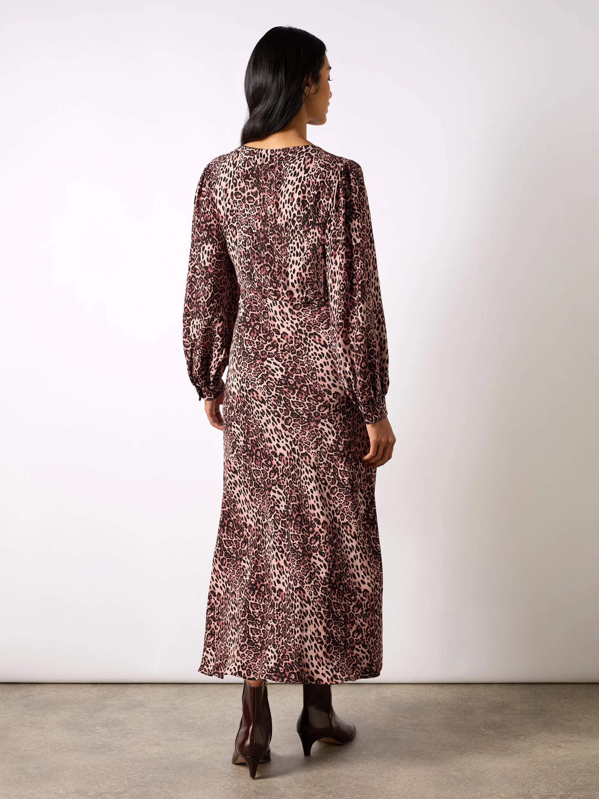 Pink Leopard Print V-Neck Midi Dress