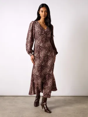 Pink Leopard Print V-Neck Midi Dress