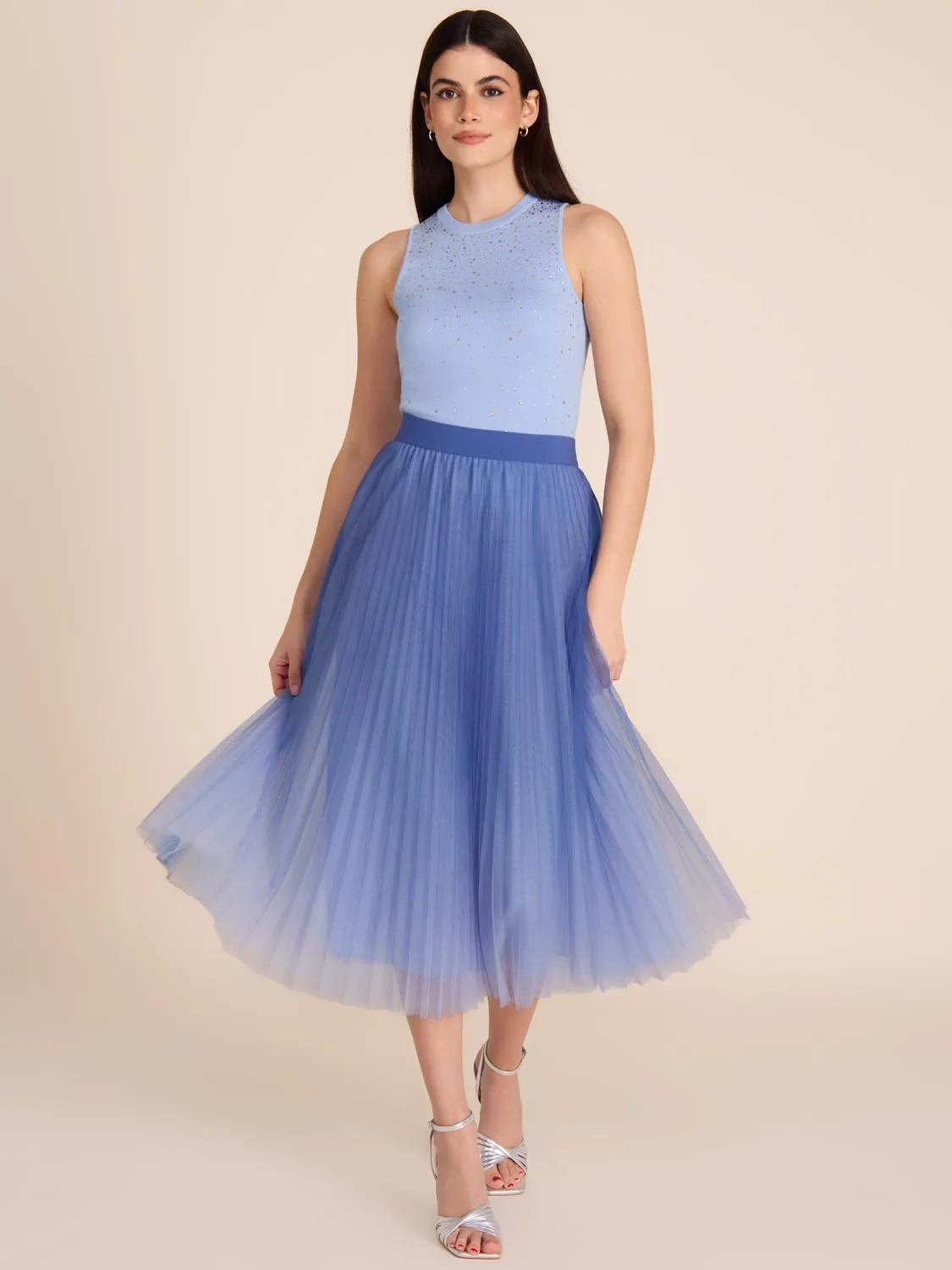 Pleated Mesh Midi Skirt