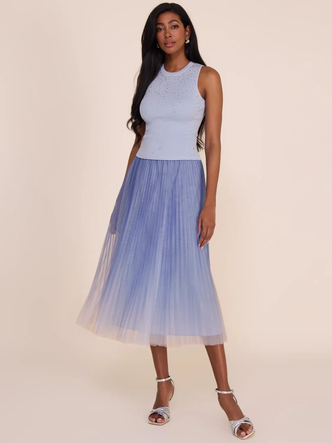 Pleated Mesh Midi Skirt