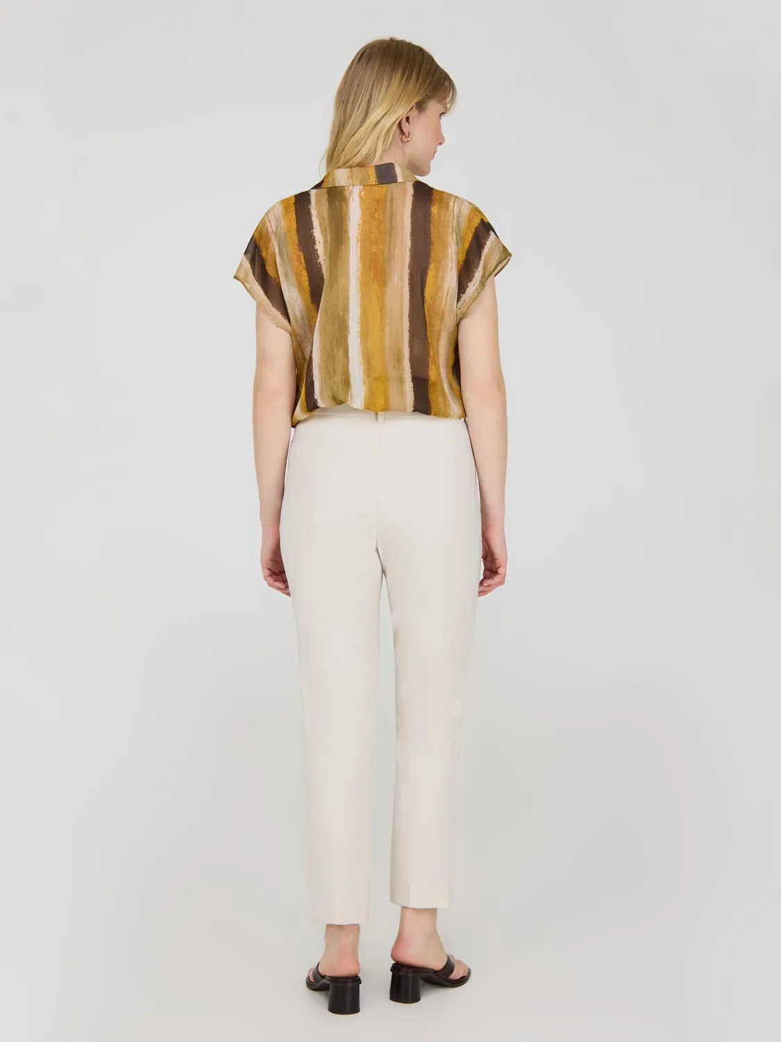 Printed Cap Sleeve Button-Up Blouse