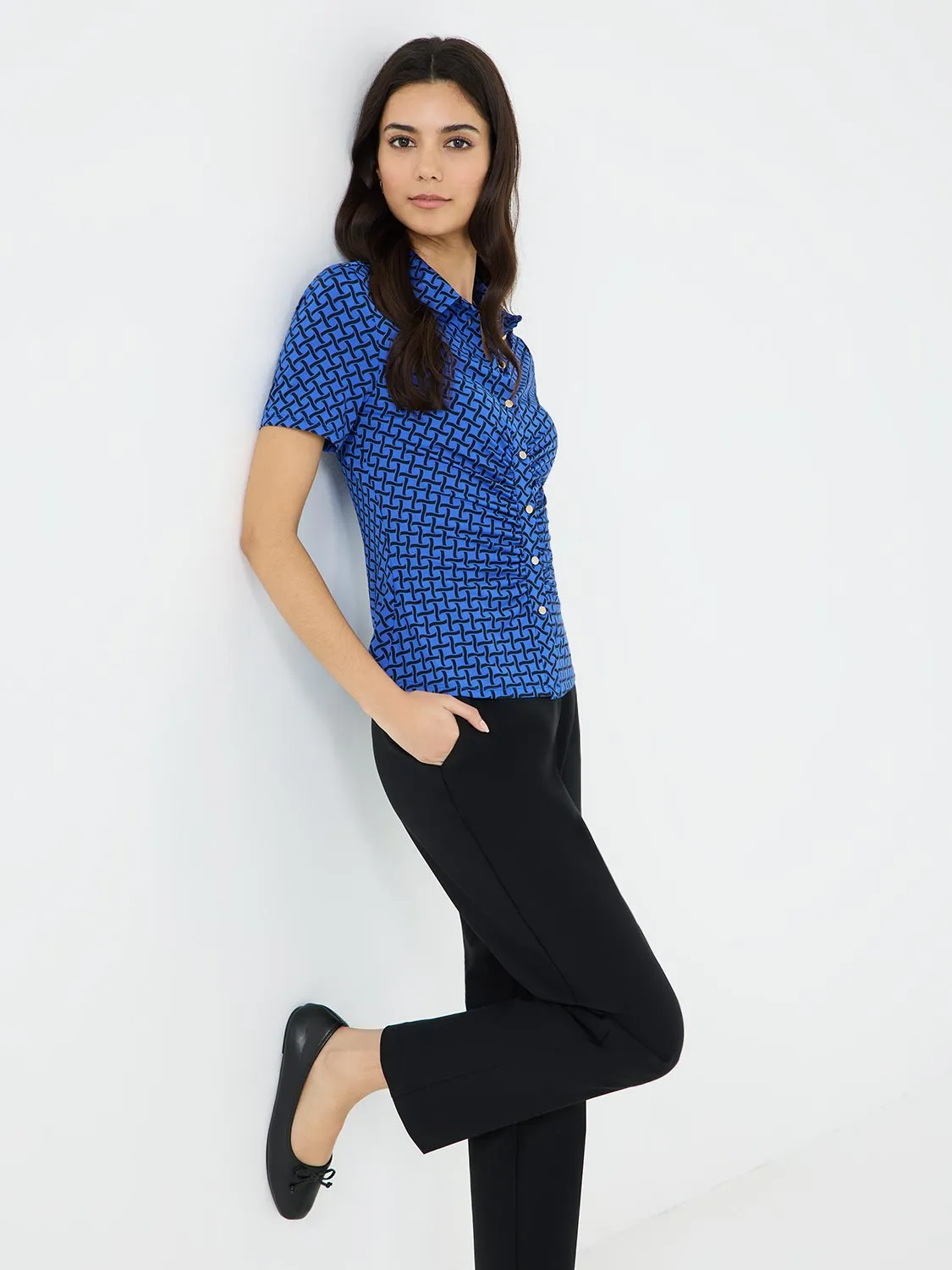 Printed Ruched Button-Front Blouse