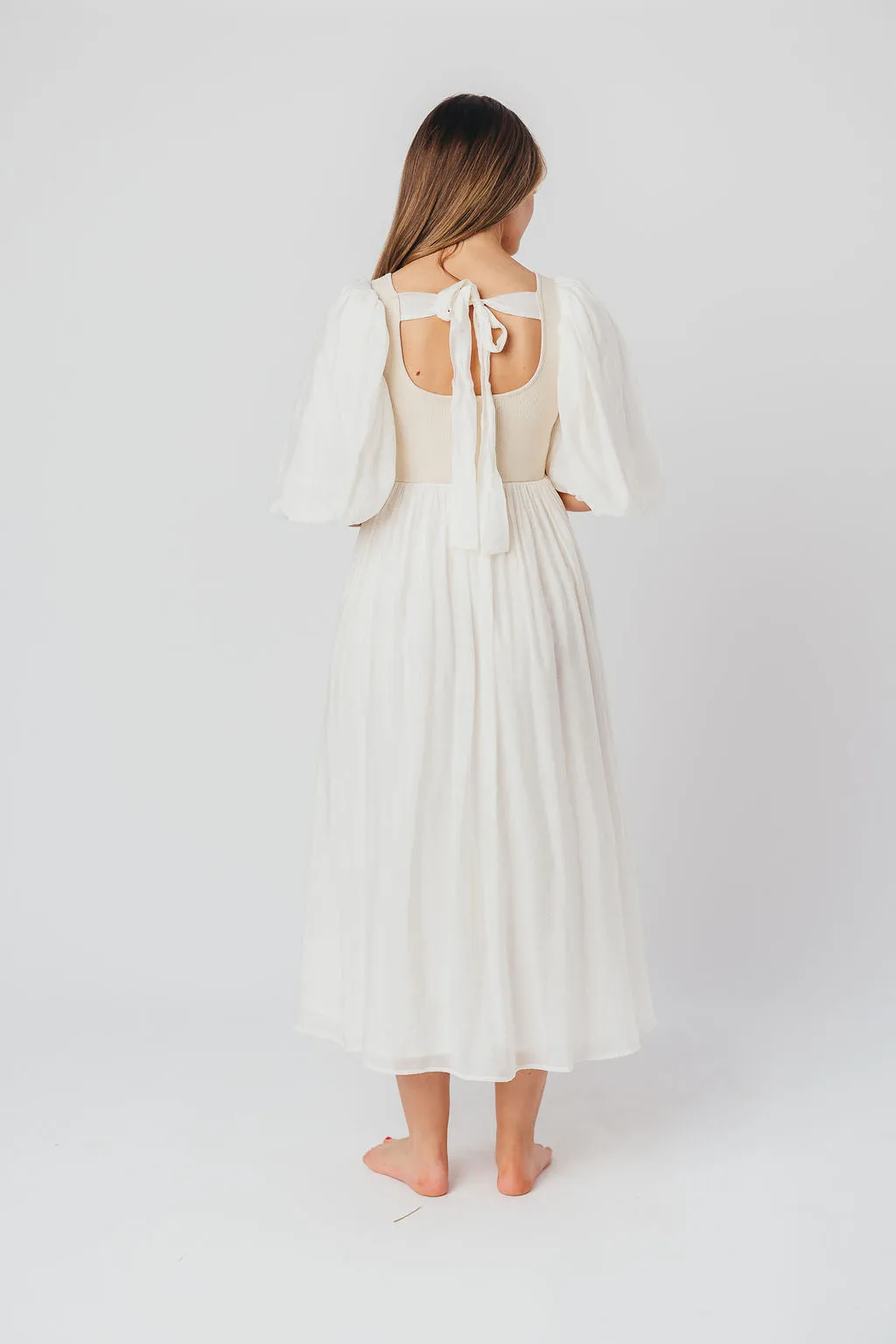 Raina Combination Midi Dress with Puff Sleeves in Natural - Bump Friendly
