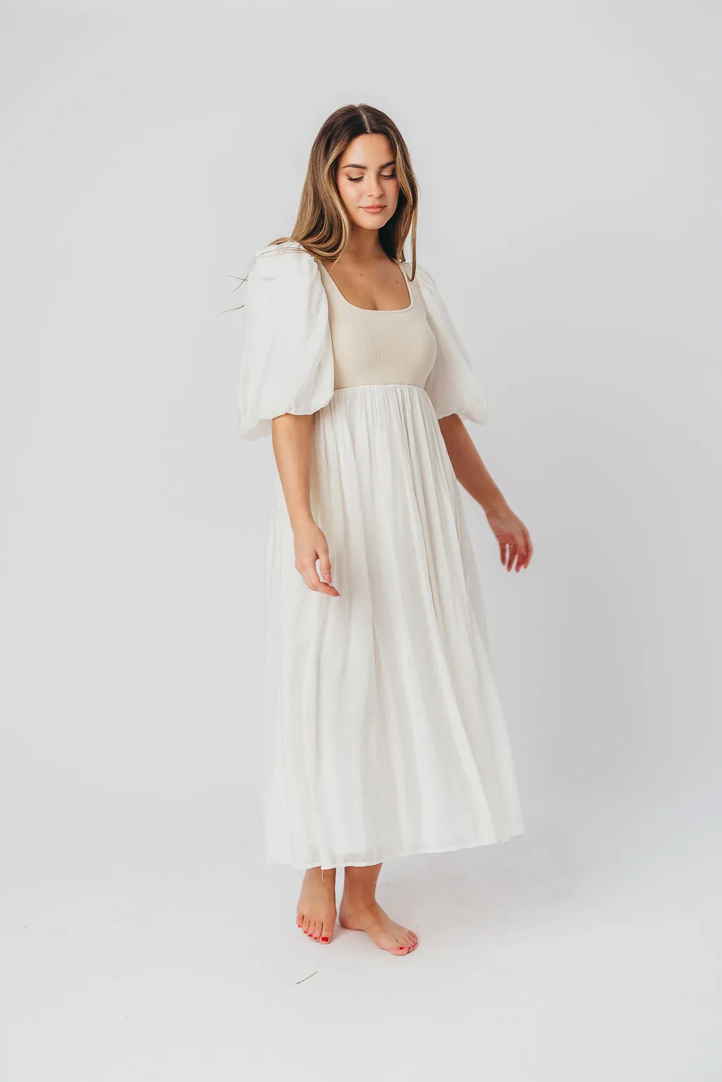 Raina Combination Midi Dress with Puff Sleeves in Natural - Bump Friendly