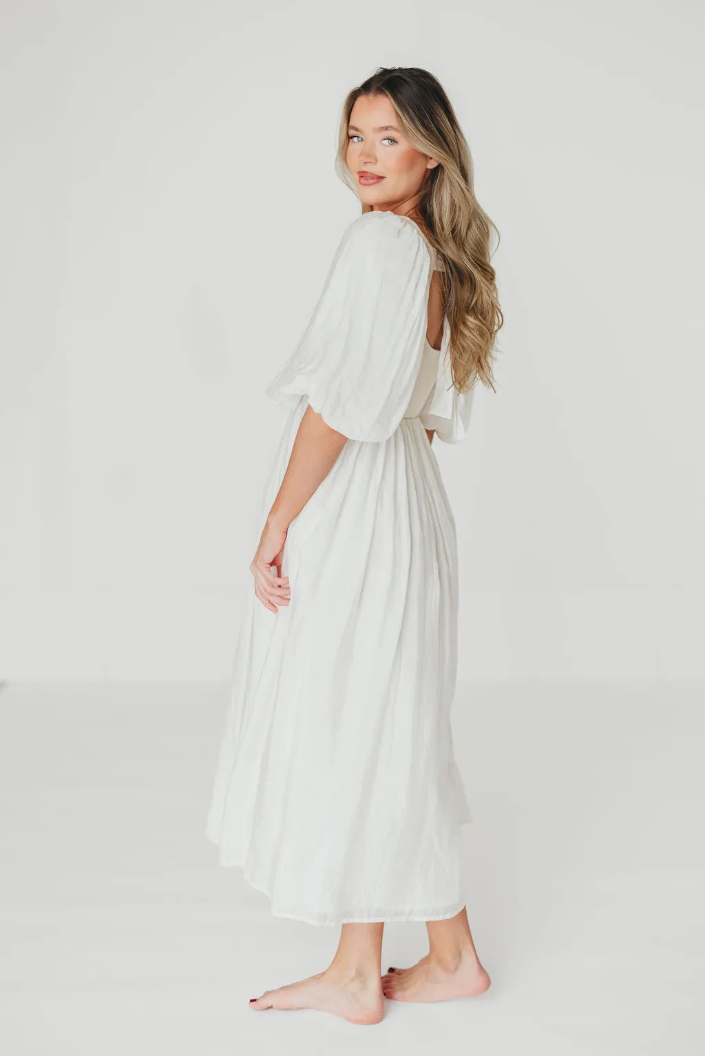 Raina Combination Midi Dress with Puff Sleeves in Natural - Bump Friendly