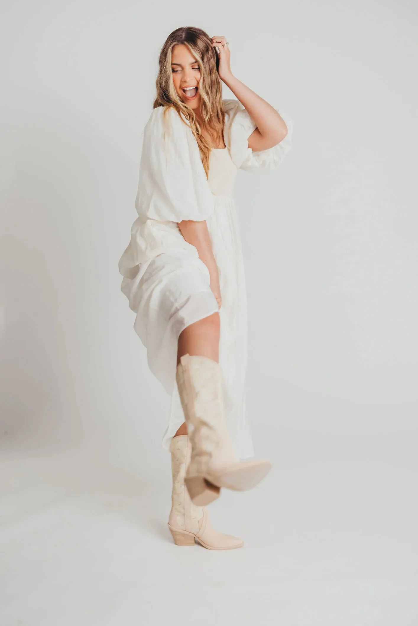 Raina Combination Midi Dress with Puff Sleeves in Natural - Bump Friendly