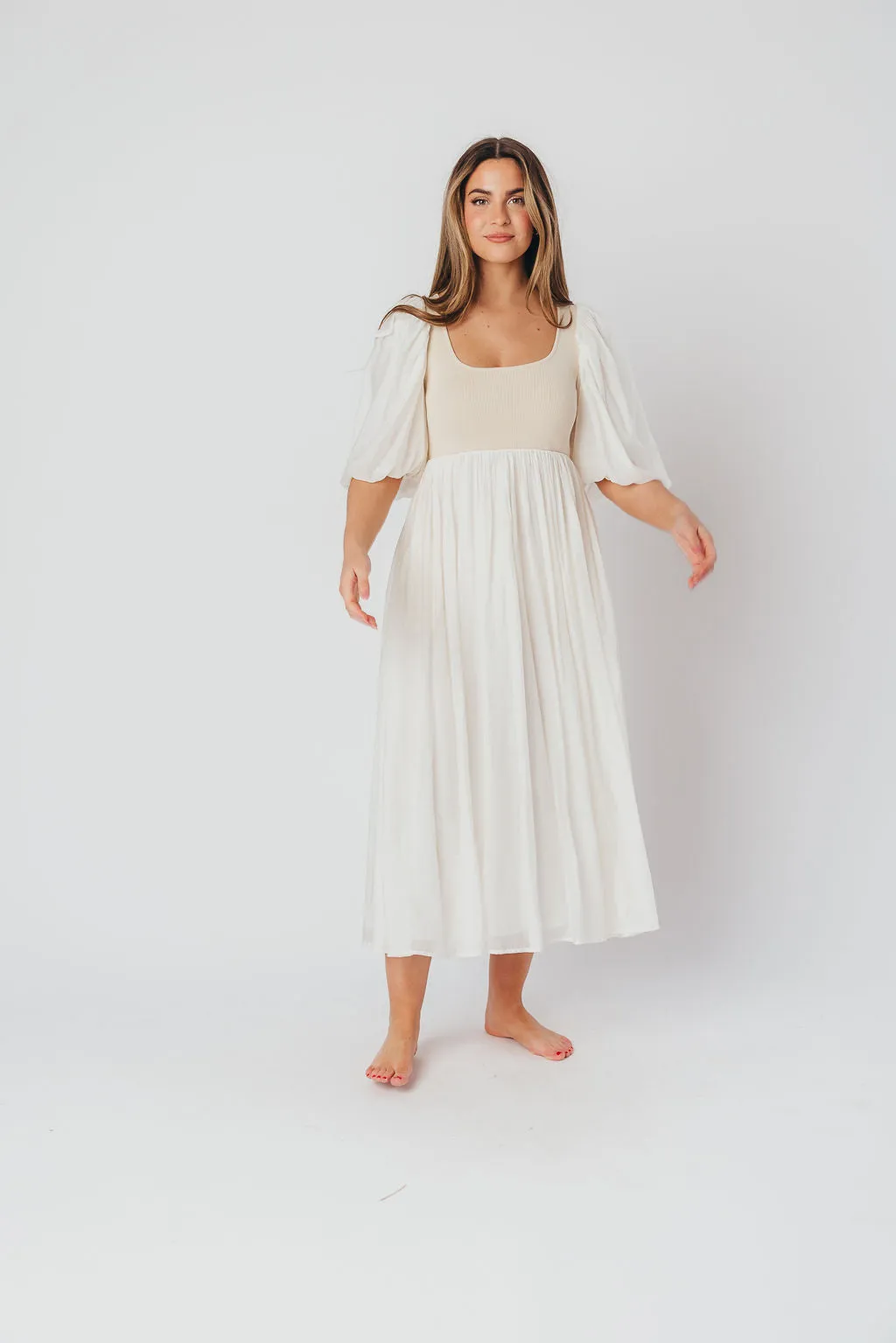 Raina Combination Midi Dress with Puff Sleeves in Natural - Bump Friendly