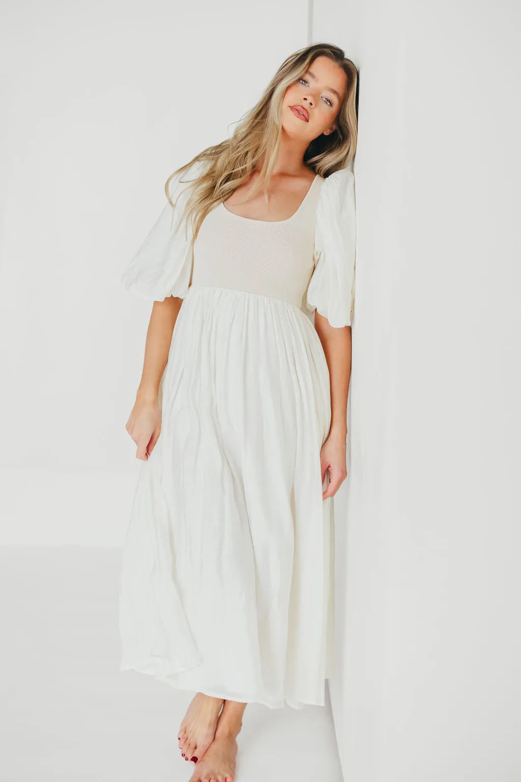 Raina Combination Midi Dress with Puff Sleeves in Natural - Bump Friendly