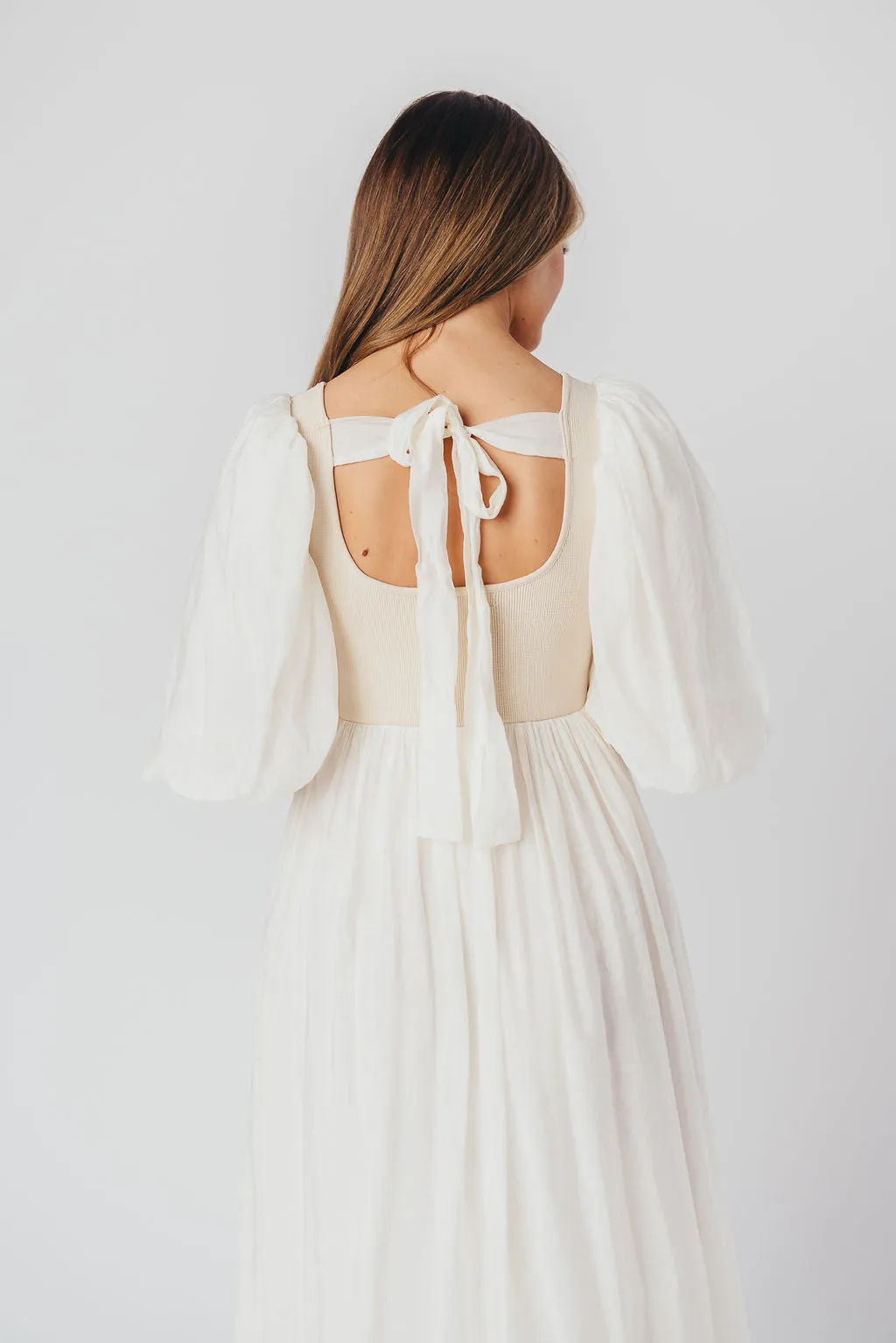 Raina Combination Midi Dress with Puff Sleeves in Natural - Bump Friendly