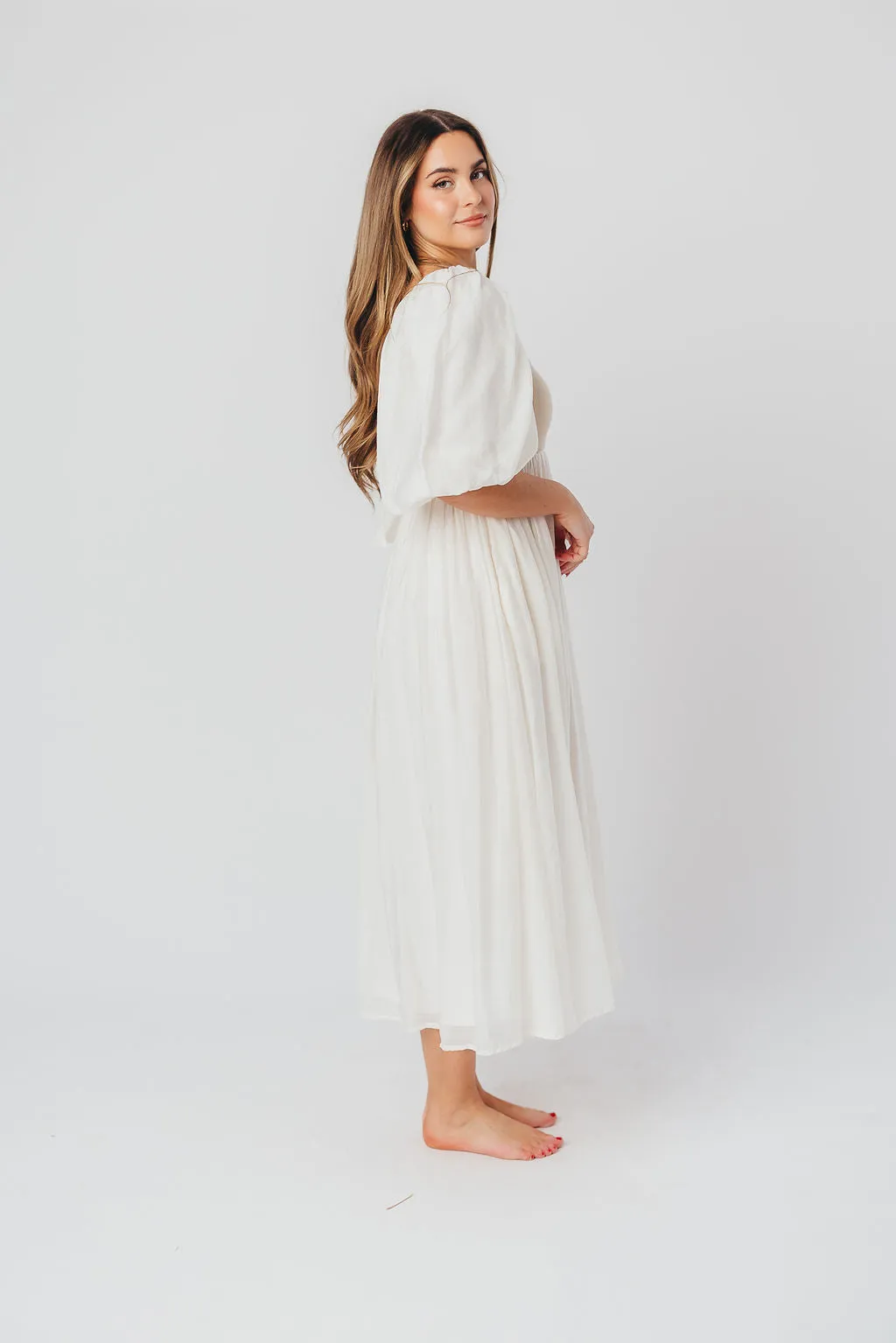 Raina Combination Midi Dress with Puff Sleeves in Natural - Bump Friendly