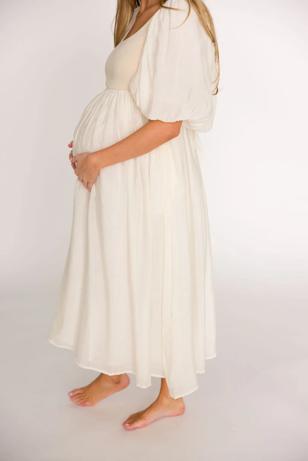 Raina Combination Midi Dress with Puff Sleeves in Natural - Bump Friendly