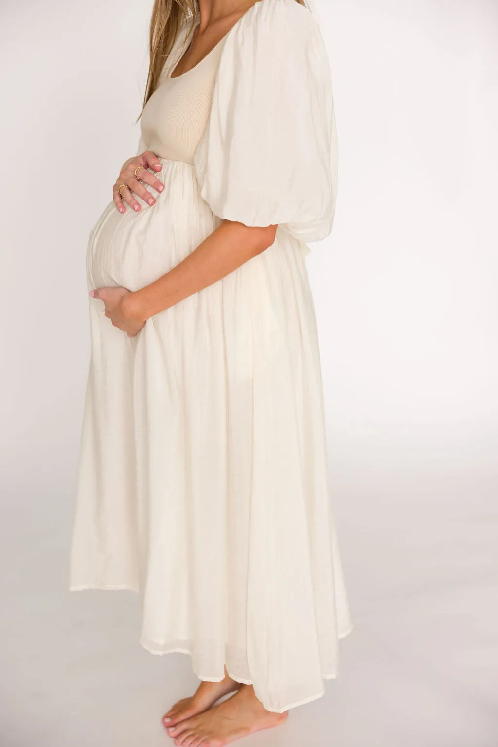 Raina Combination Midi Dress with Puff Sleeves in Natural - Bump Friendly