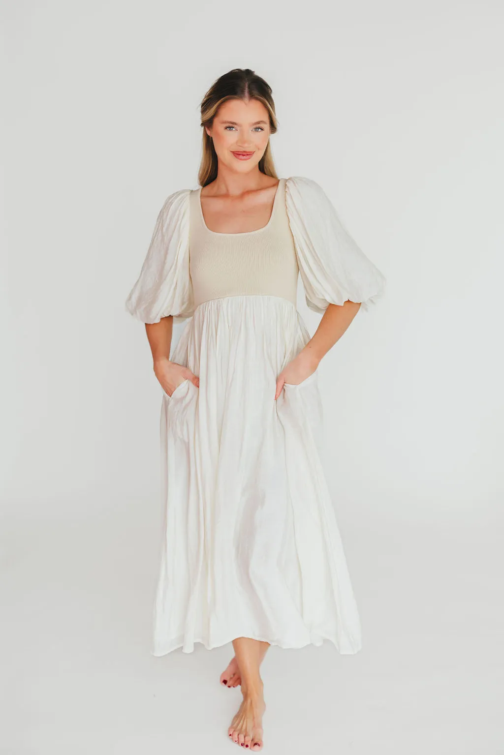 Raina Combination Midi Dress with Puff Sleeves in Natural - Bump Friendly