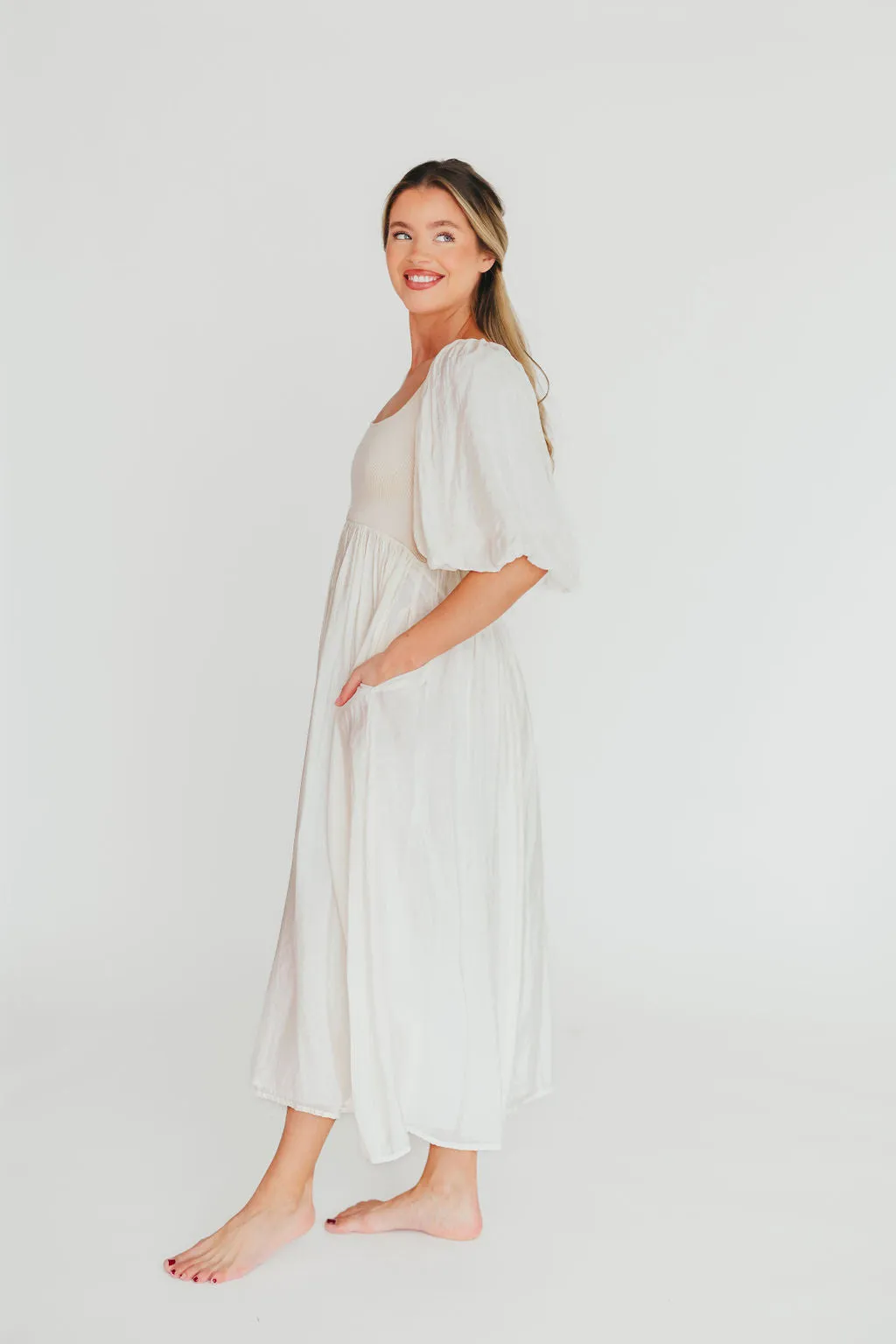 Raina Combination Midi Dress with Puff Sleeves in Natural - Bump Friendly