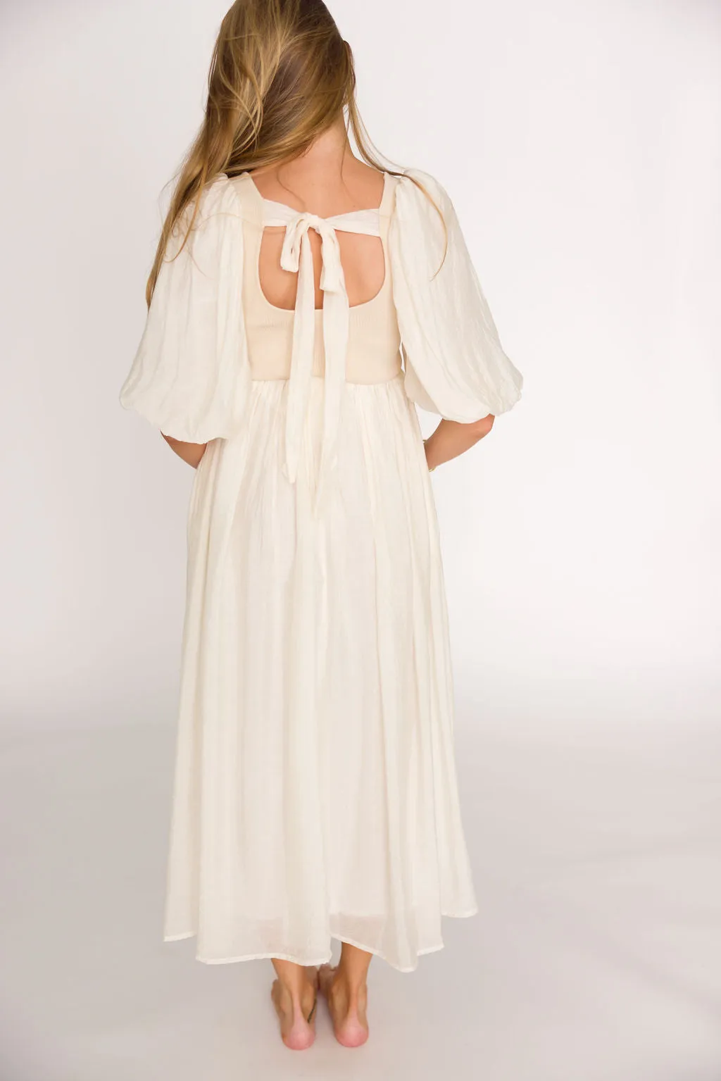 Raina Combination Midi Dress with Puff Sleeves in Natural - Bump Friendly