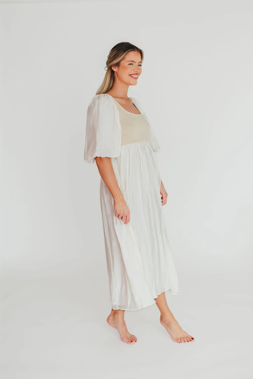 Raina Combination Midi Dress with Puff Sleeves in Natural - Bump Friendly