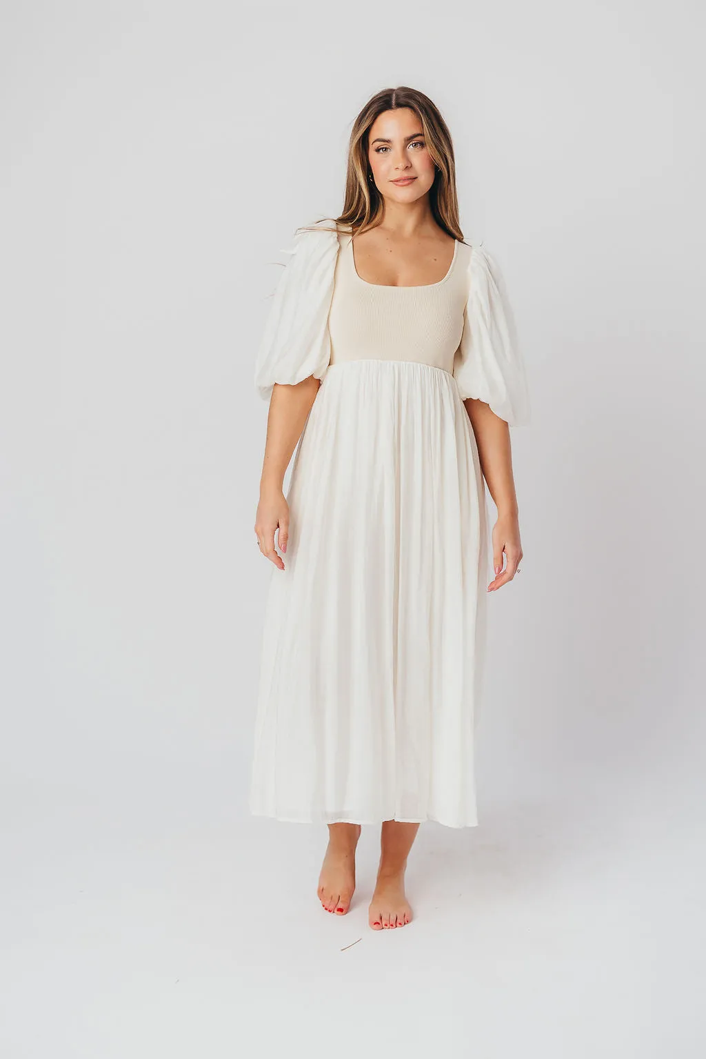 Raina Combination Midi Dress with Puff Sleeves in Natural - Bump Friendly