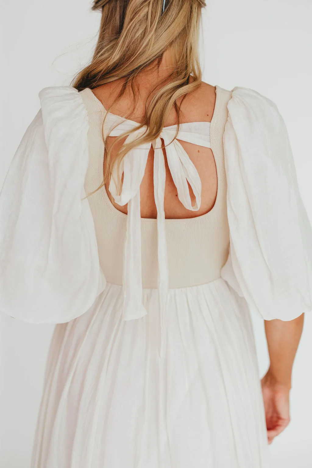 Raina Combination Midi Dress with Puff Sleeves in Natural - Bump Friendly