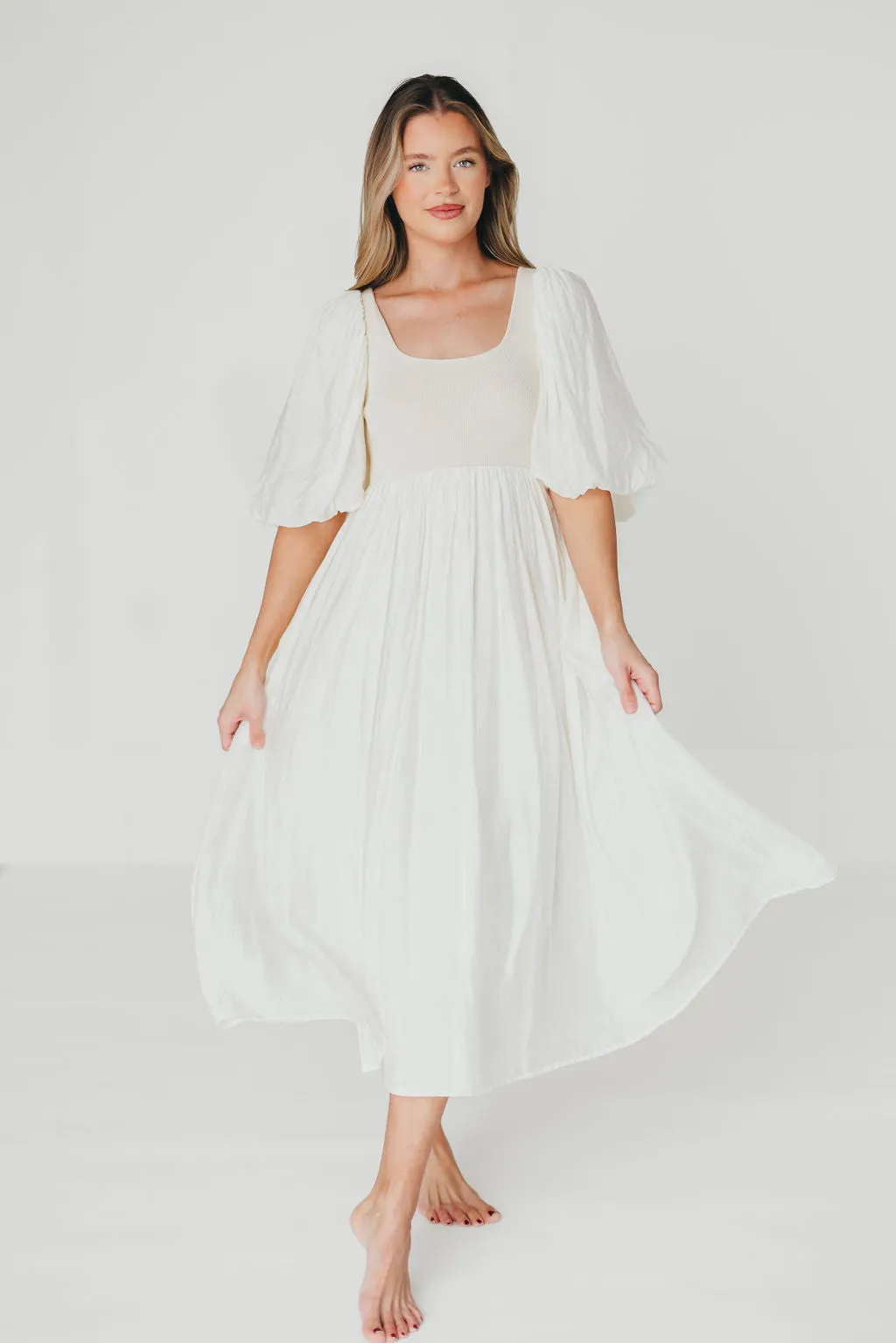 Raina Combination Midi Dress with Puff Sleeves in Natural - Bump Friendly