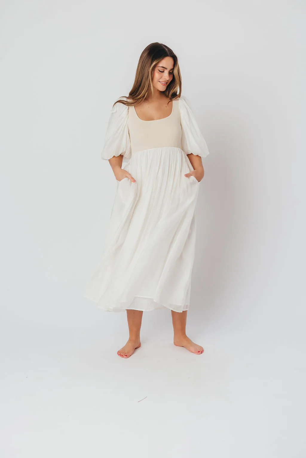 Raina Combination Midi Dress with Puff Sleeves in Natural - Bump Friendly