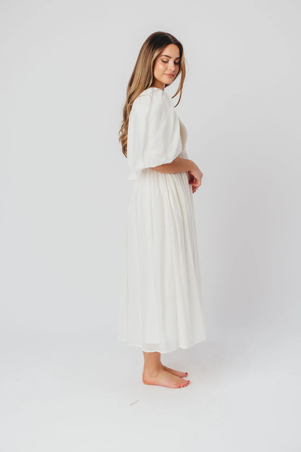 Raina Combination Midi Dress with Puff Sleeves in Natural - Bump Friendly