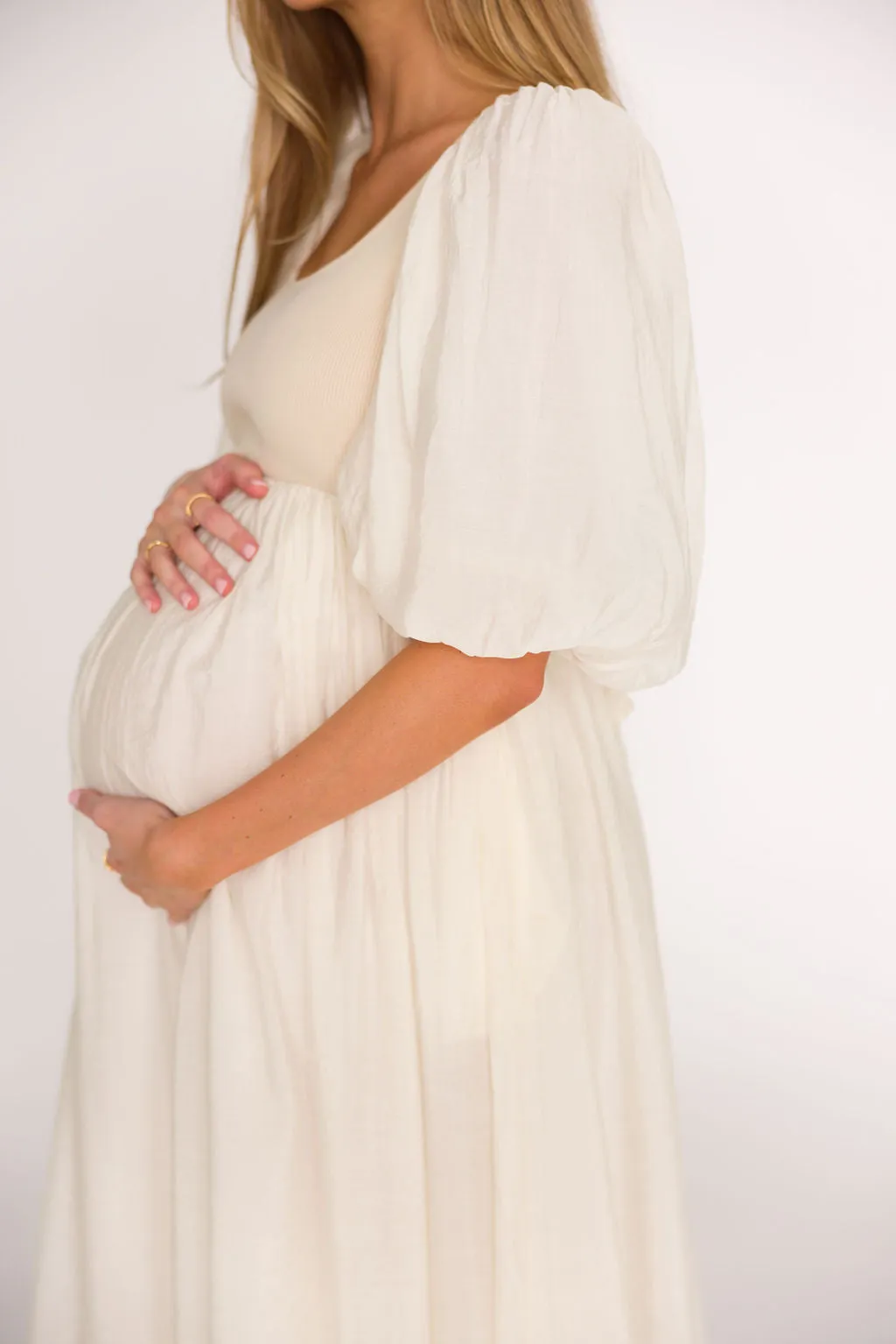 Raina Combination Midi Dress with Puff Sleeves in Natural - Bump Friendly