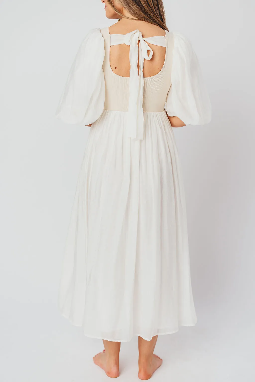 Raina Combination Midi Dress with Puff Sleeves in Natural - Bump Friendly