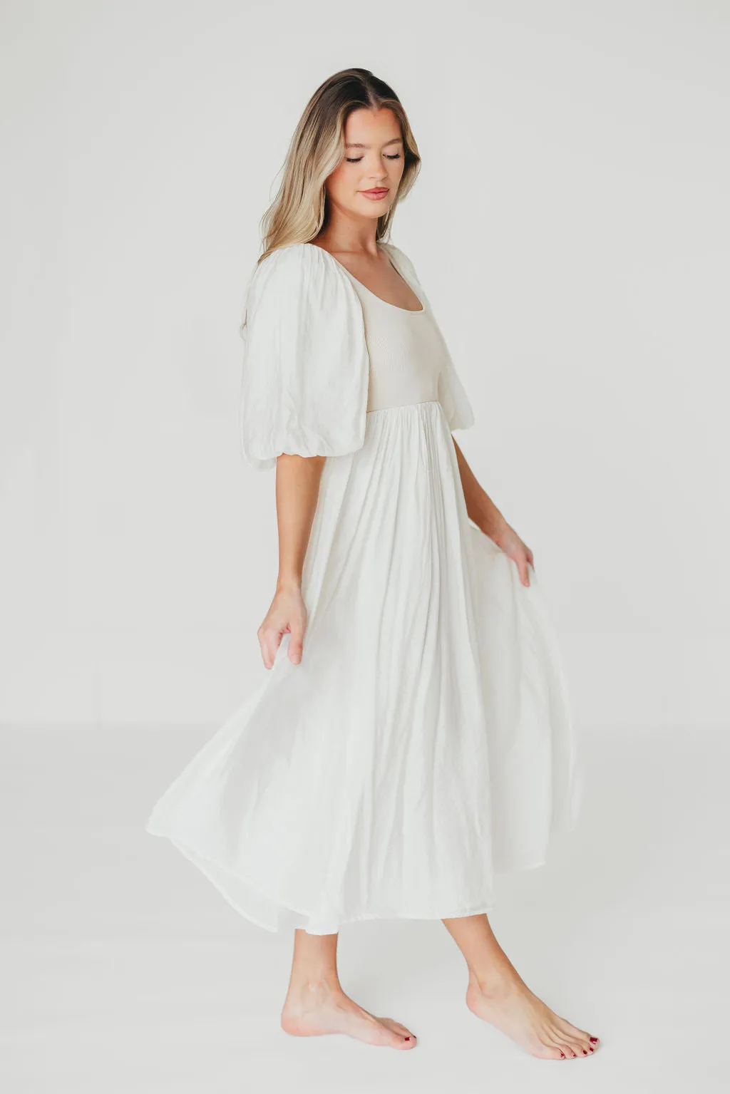 Raina Combination Midi Dress with Puff Sleeves in Natural - Bump Friendly