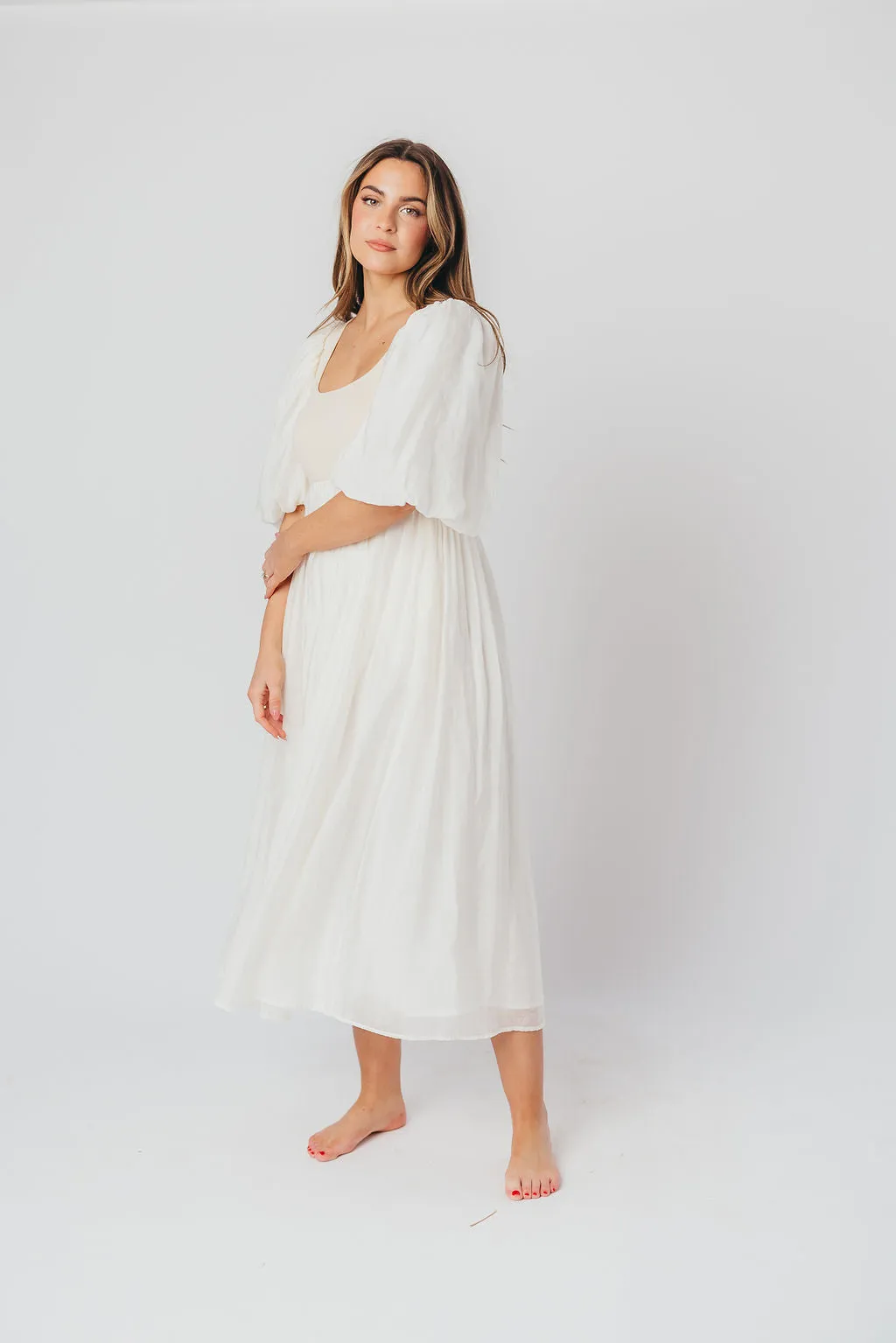 Raina Combination Midi Dress with Puff Sleeves in Natural - Bump Friendly