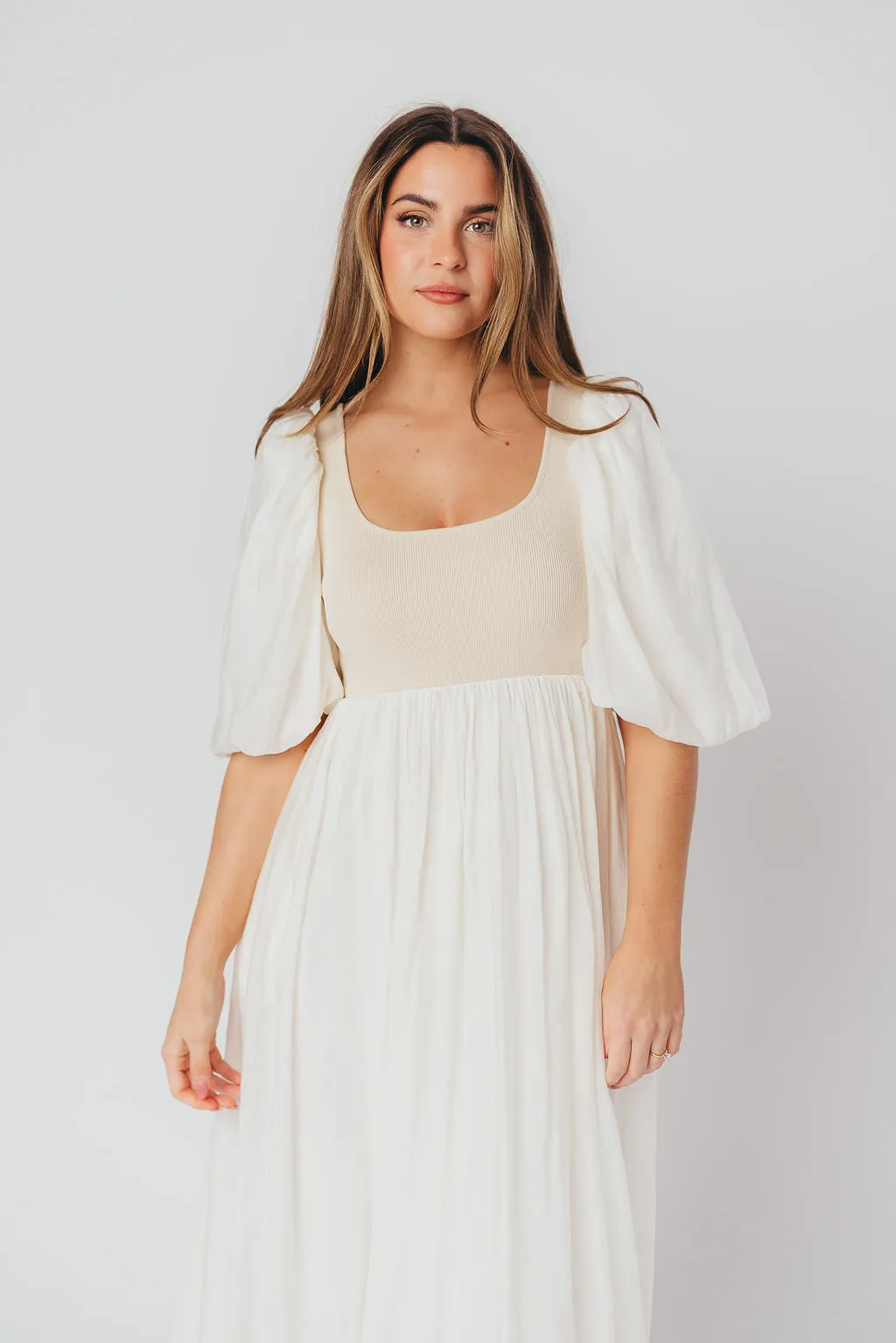 Raina Combination Midi Dress with Puff Sleeves in Natural - Bump Friendly