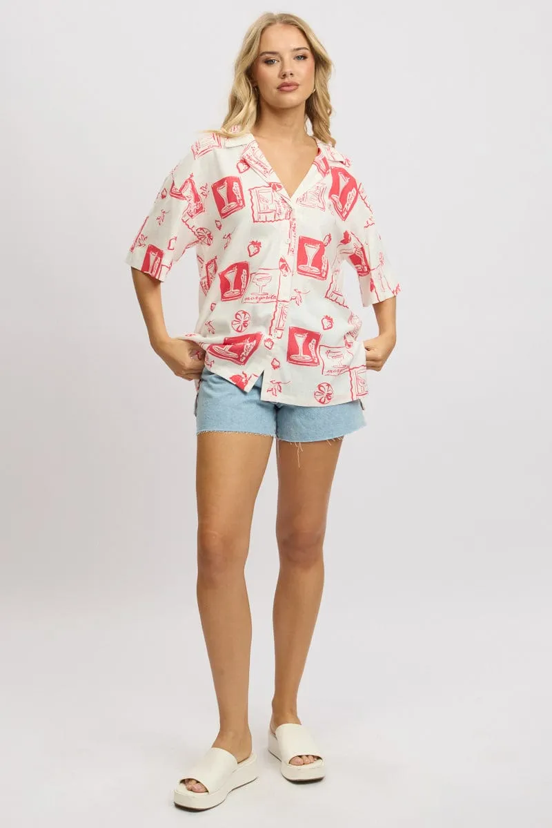 Red Abstract Relaxed Shirt Short Sleeve Linen Blend