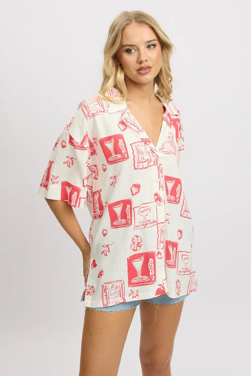 Red Abstract Relaxed Shirt Short Sleeve Linen Blend