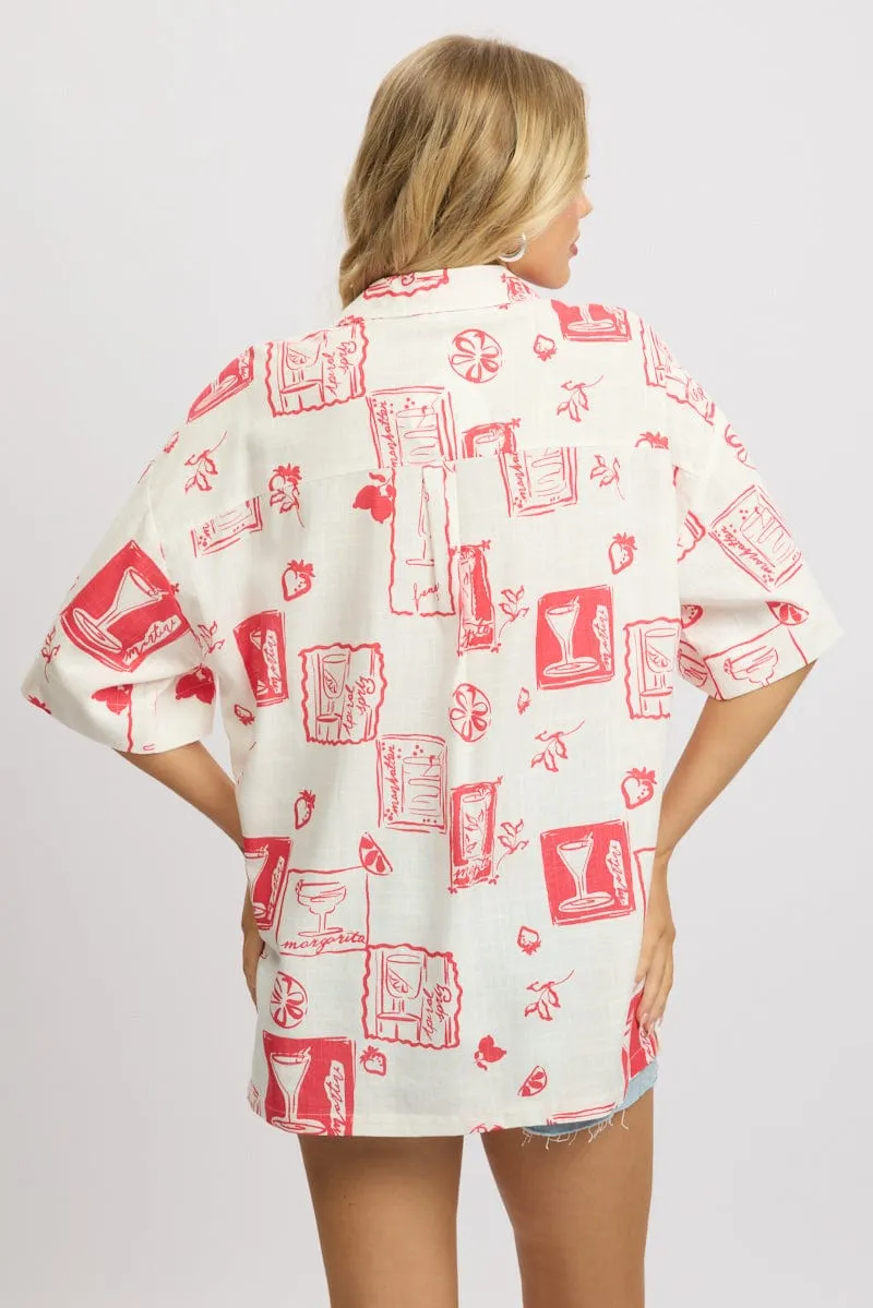 Red Abstract Relaxed Shirt Short Sleeve Linen Blend
