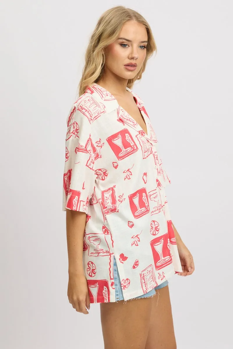 Red Abstract Relaxed Shirt Short Sleeve Linen Blend