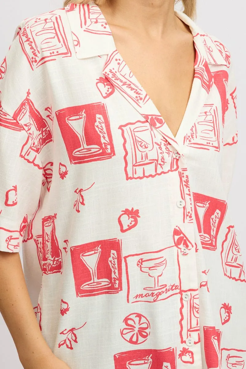 Red Abstract Relaxed Shirt Short Sleeve Linen Blend