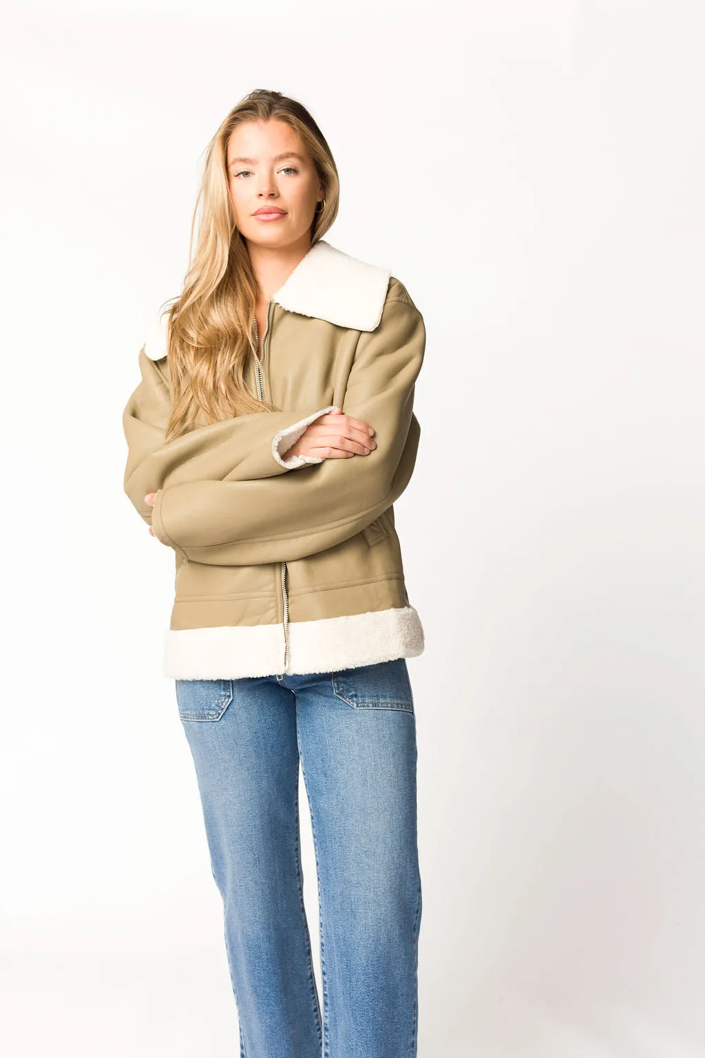 Sammy Vegan Leather and Shearling Jacket in Sandstone