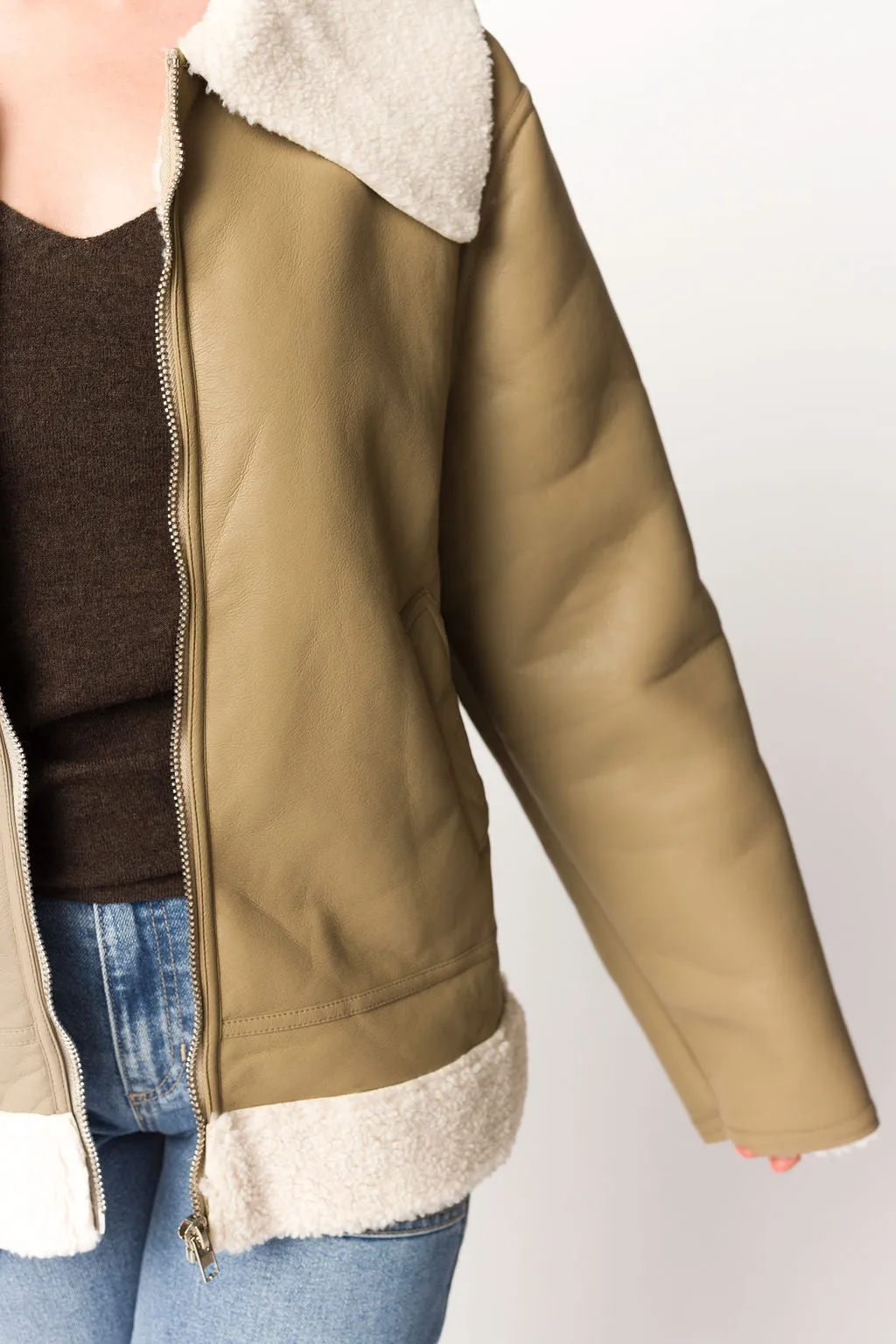 Sammy Vegan Leather and Shearling Jacket in Sandstone