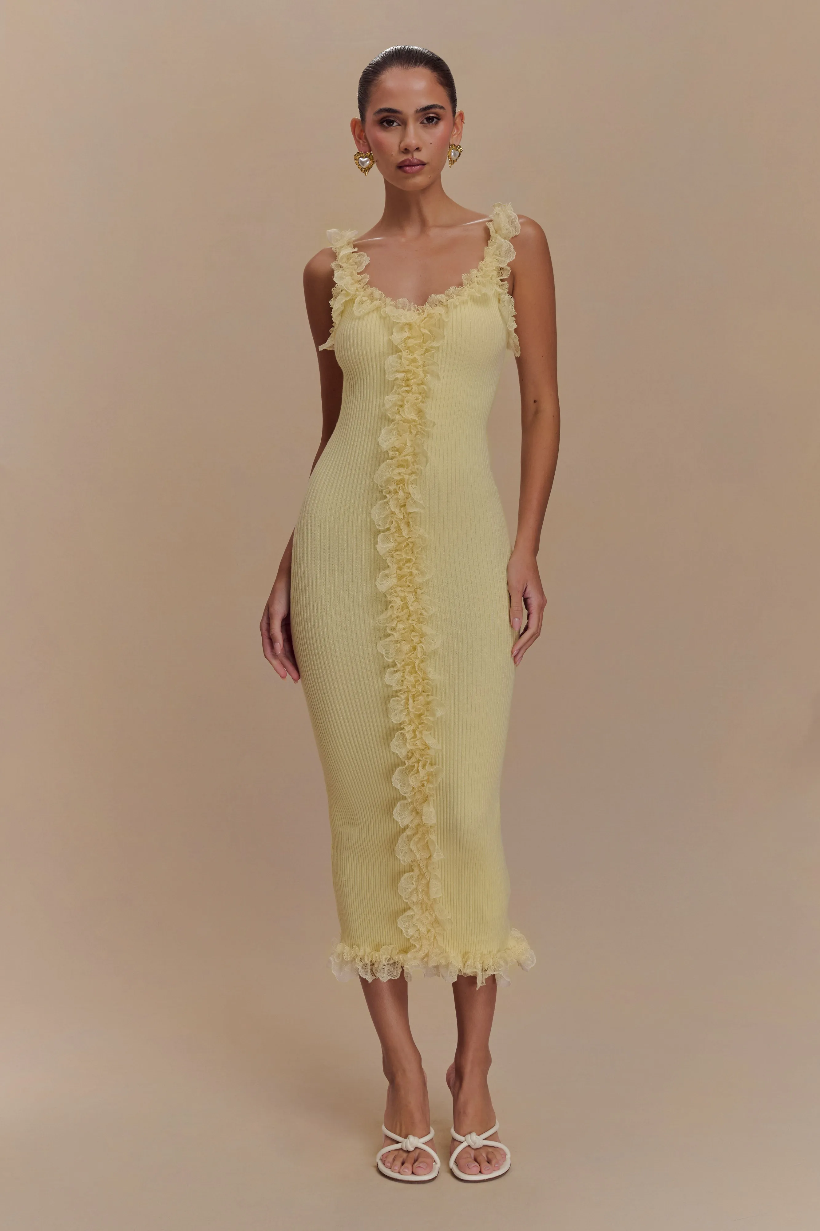 Shay Lace Ruffle Knit Midi Dress - Lemon