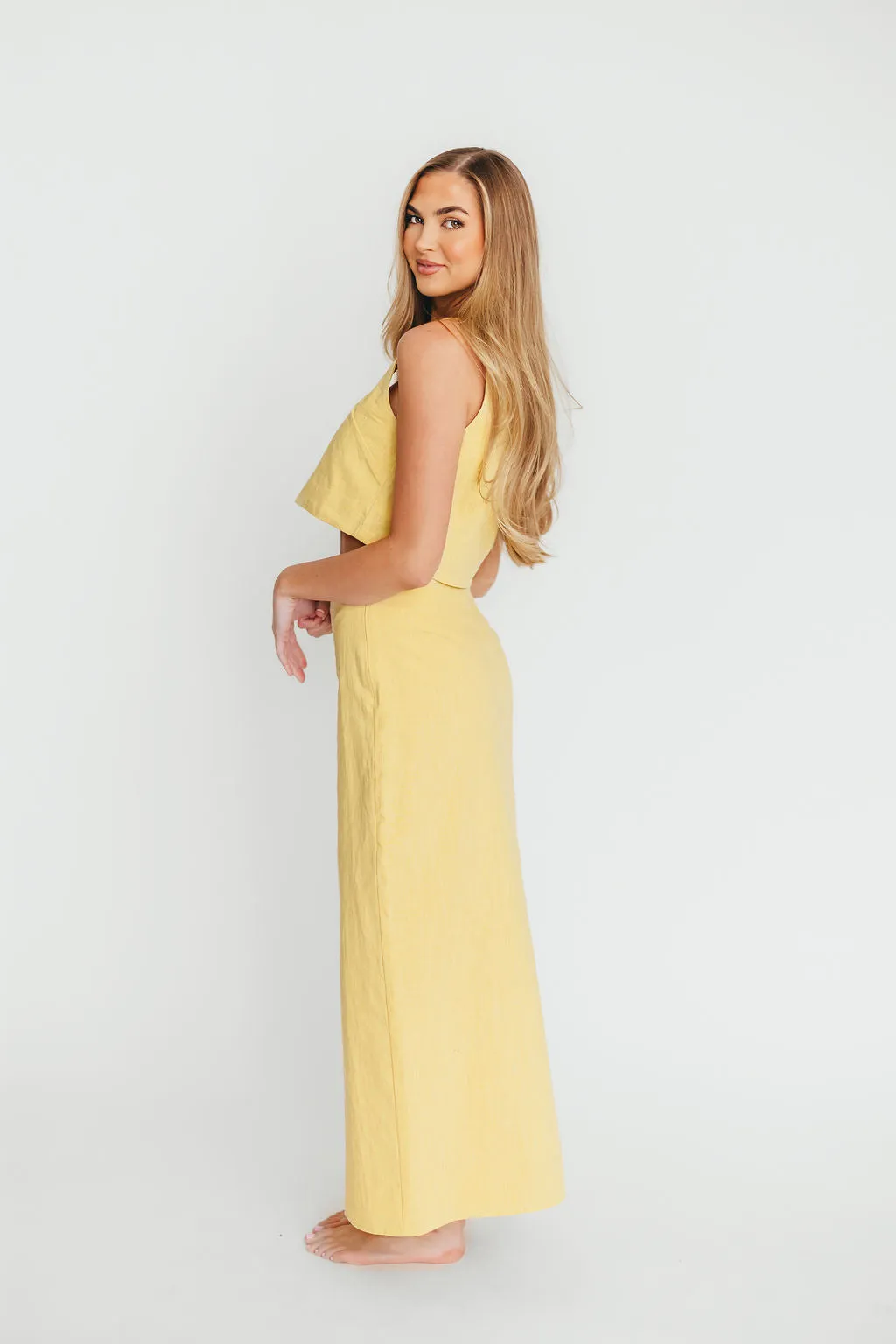Sierra Linen Crop Top and Skirt Set in Light Yellow