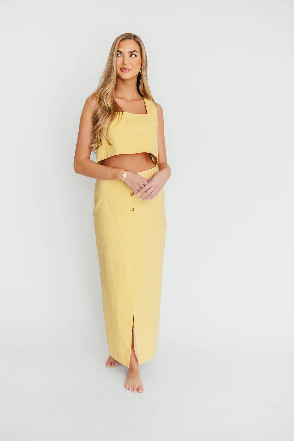 Sierra Linen Crop Top and Skirt Set in Light Yellow