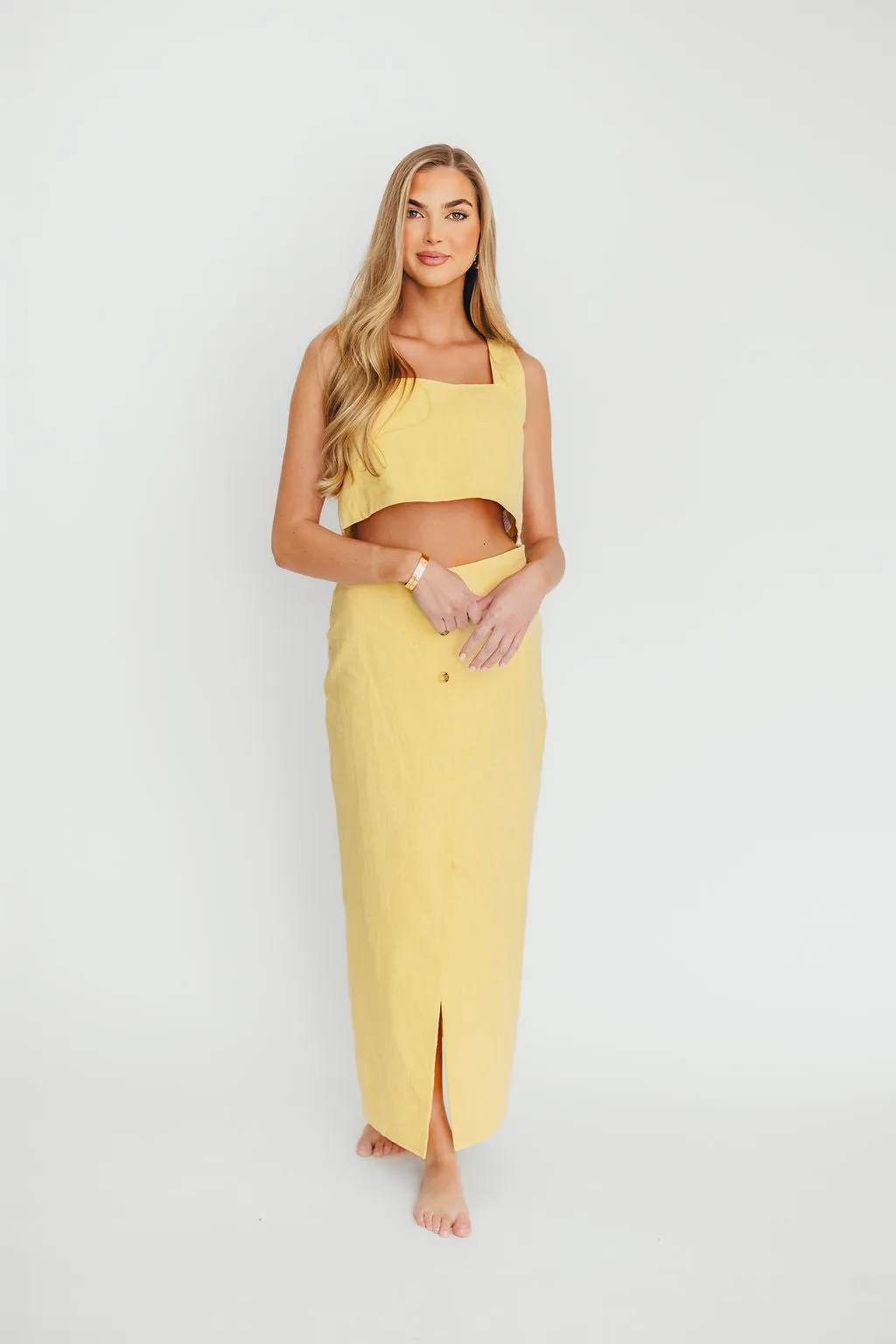 Sierra Linen Crop Top and Skirt Set in Light Yellow