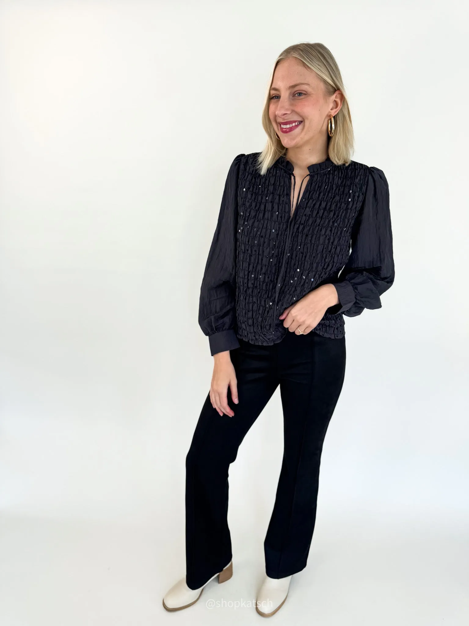 Softly Smocked Black Blouse