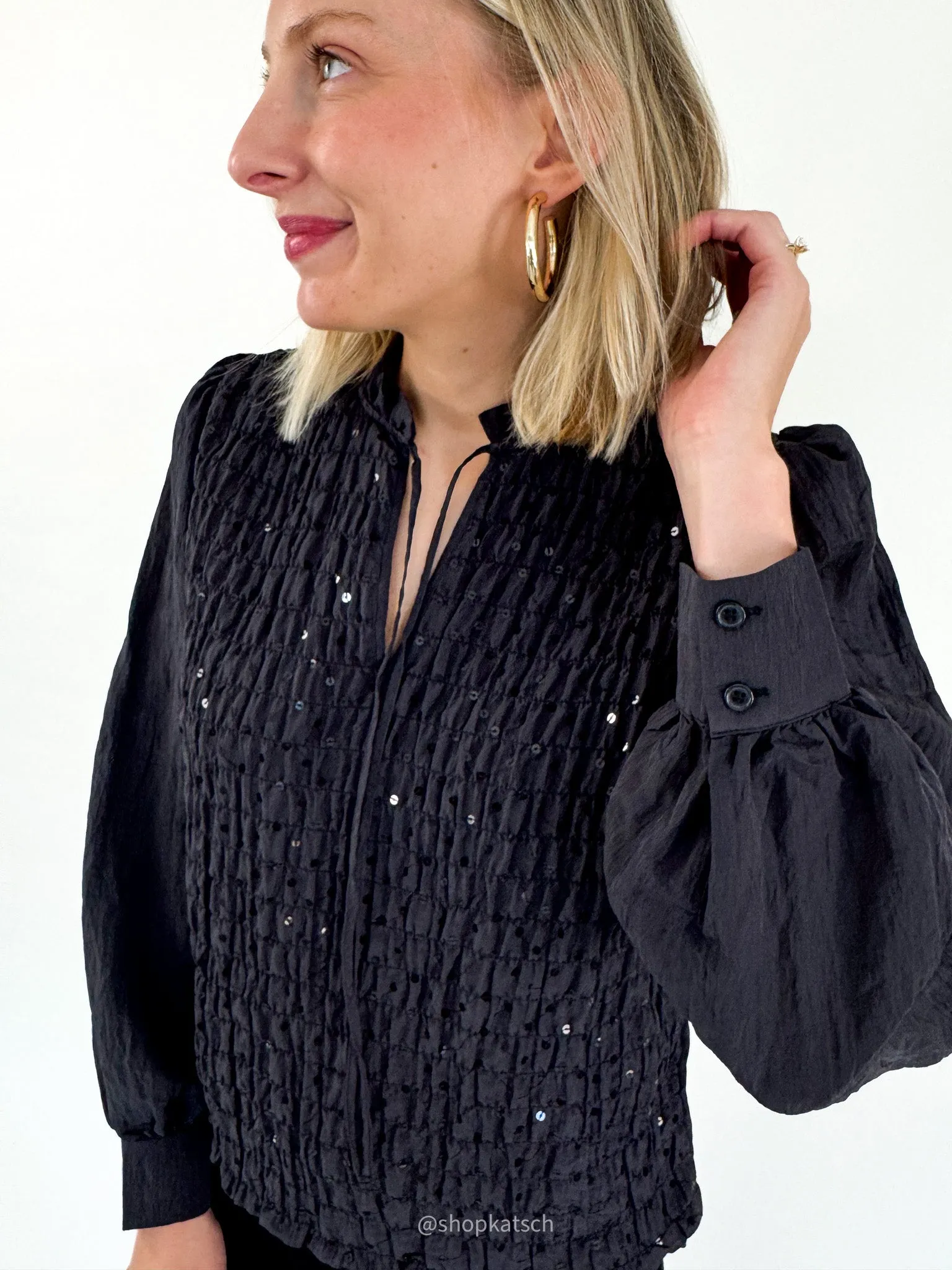 Softly Smocked Black Blouse