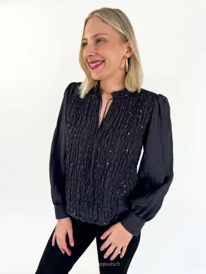 Softly Smocked Black Blouse