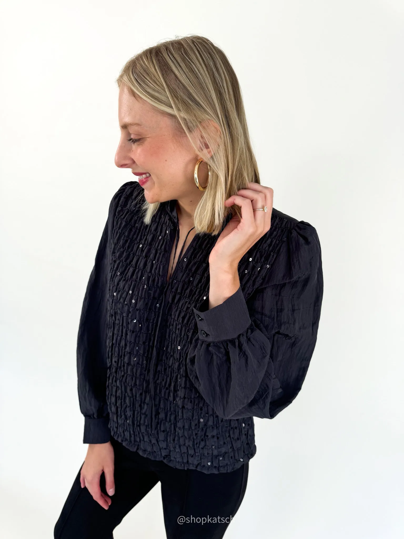 Softly Smocked Black Blouse