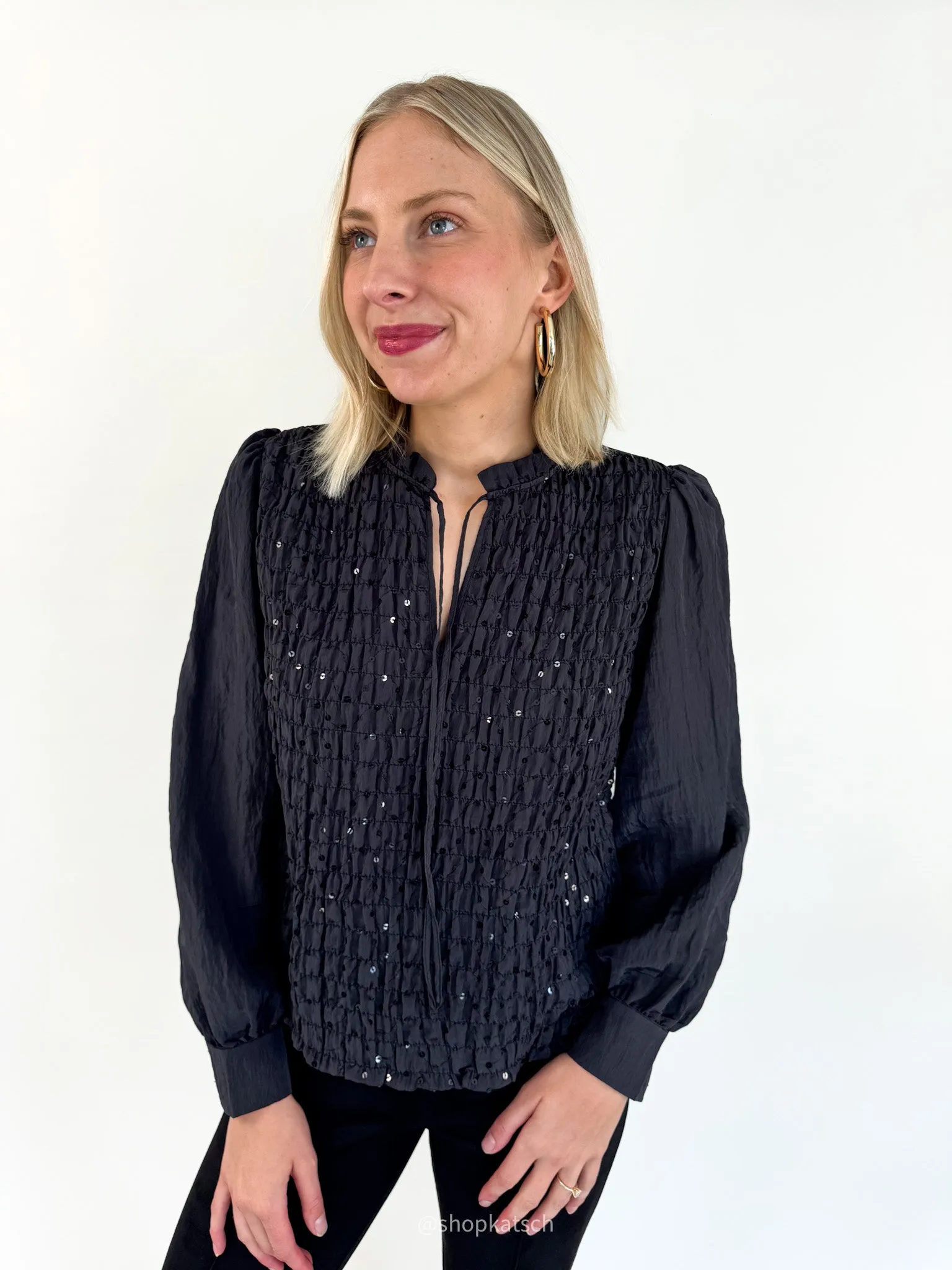 Softly Smocked Black Blouse