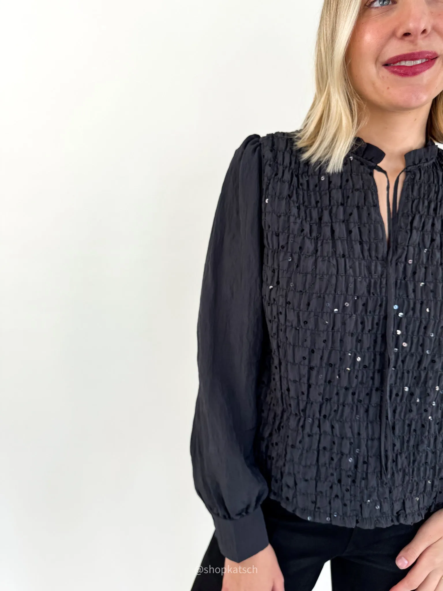 Softly Smocked Black Blouse
